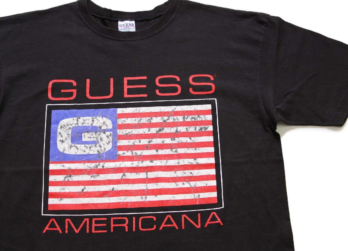 90s USA製 GUESSゲス AMERICANA 星条旗 コットンTシャツ 黒 OSFA - Sixpacjoe Web Shop