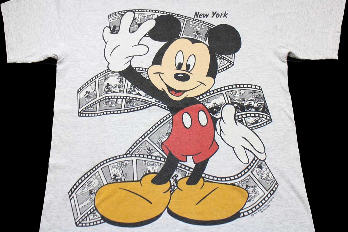 90s USA製 Disneyディズニー ミッキー マウス フィルム New York コットンTシャツ 杢ライトグレー