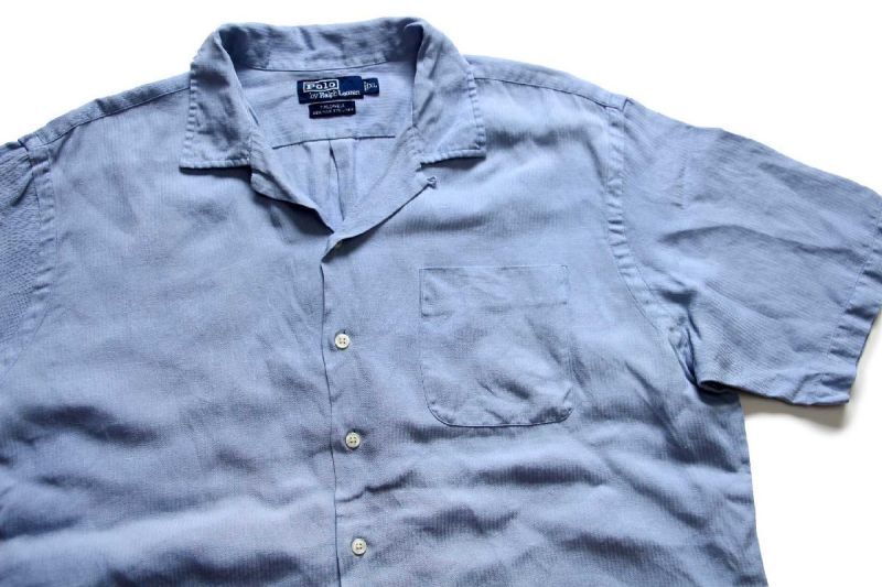 90s ポロ ラルフローレン CALDWELL 織り柄 半袖 シルク×リネン オープンカラーシャツ サックス XL