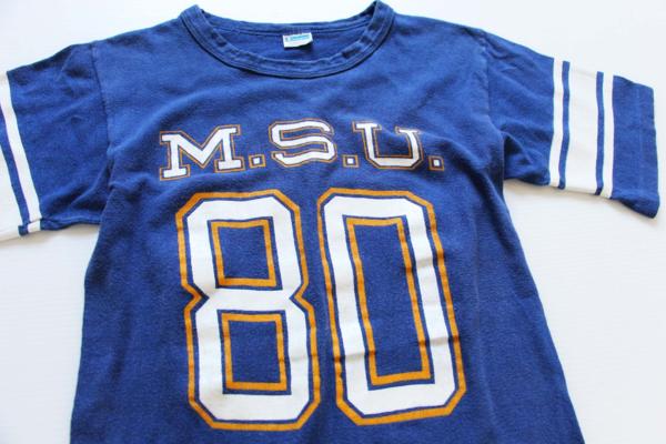 70s USA製 Championチャンピオン M.S.U.80 フットボールTシャツ 青 S