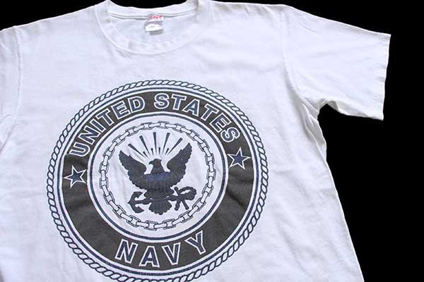 90s USA製 U.S.NAVY 両面リフレクタープリント コットンTシャツ 白 M